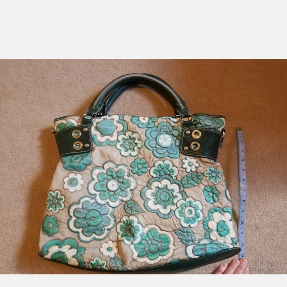 ROXBURY Genuine Leather Blue Floral Handbag Satchel XL
